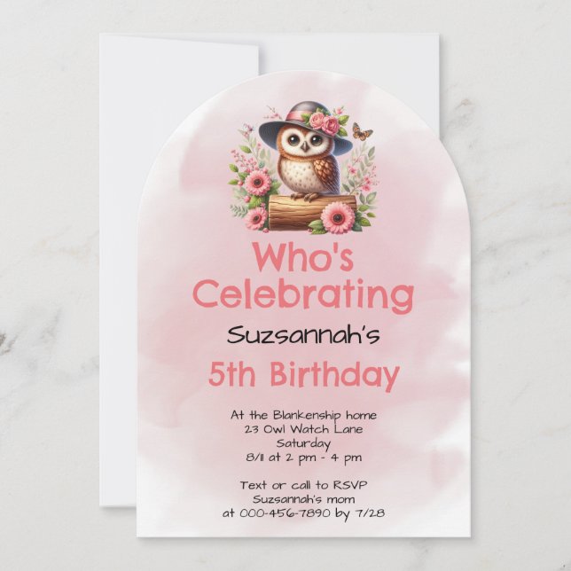 Cute Hat Wearing Owl Sitting On a Log with Flowers Invitation (Front)