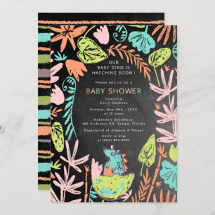 Cute Hatching Baby Dino Chalkboard Baby Shower Invitation