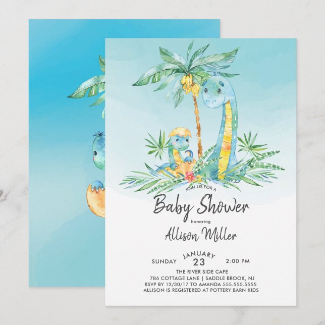 Cute Hatching Dinosaur Baby Boy Shower Invitation (Front/Back)
