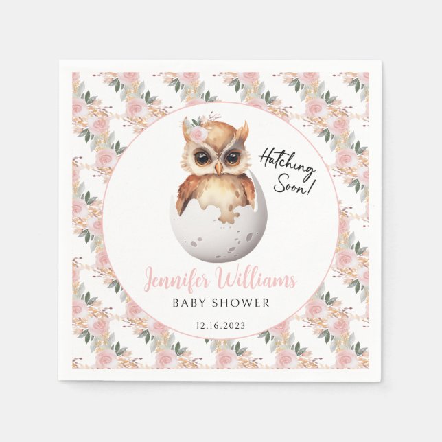 Cute hatching owl baby girl shower paper napkins (Front)