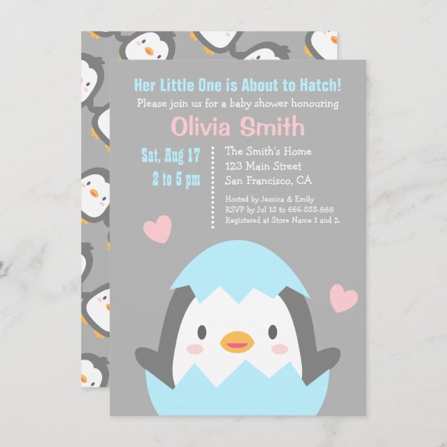Cute Hatching Penguin Baby Shower Invitations (Front/Back)