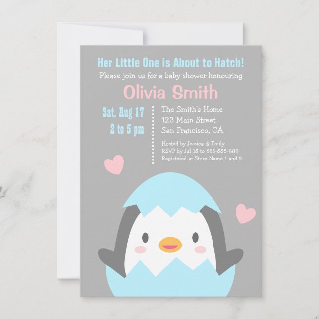 Cute Hatching Penguin Baby Shower Invitations (Front)