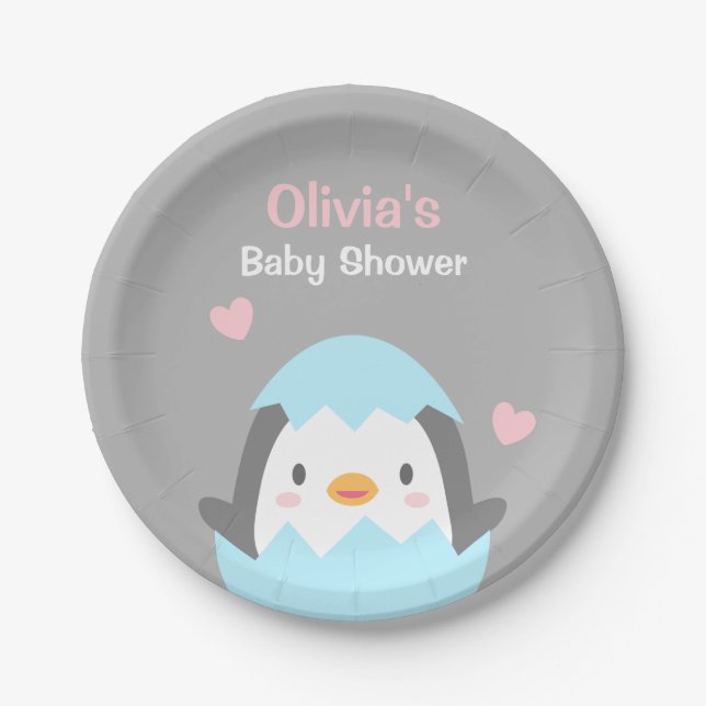 Cute Hatching Penguin Baby Shower Party Supplies Paper Plates (Front)