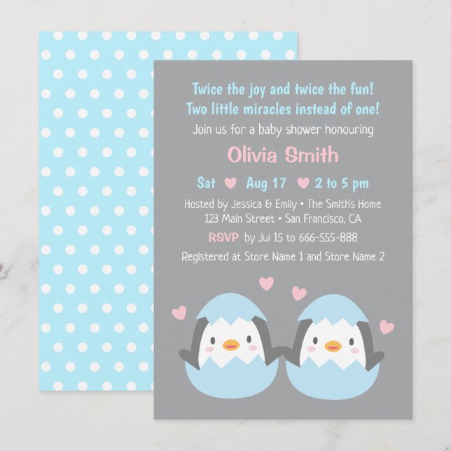 Cute Hatching Twin Penguins Baby Shower Invitation (Front/Back)