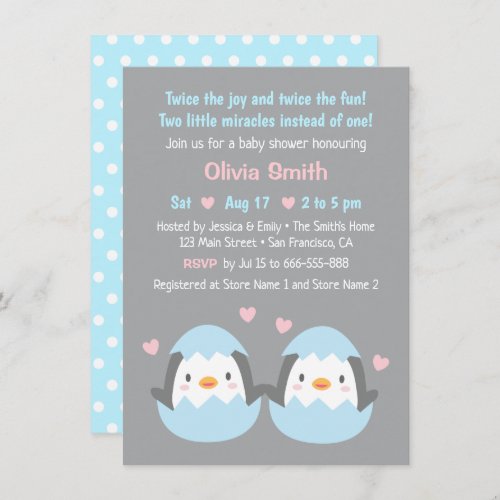 Cute Hatching Twin Penguins Baby Shower Invitation