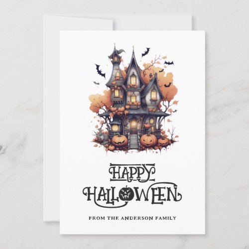 Cute Haunted House Bats Pumpkins Halloween Card