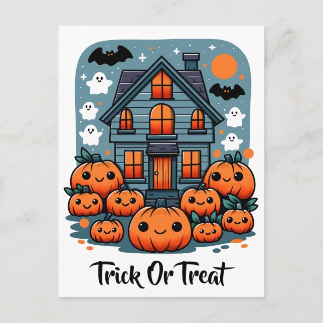 Cute Haunted House Halloween Pumpkins Ghosts & Bat Postcard (Front)