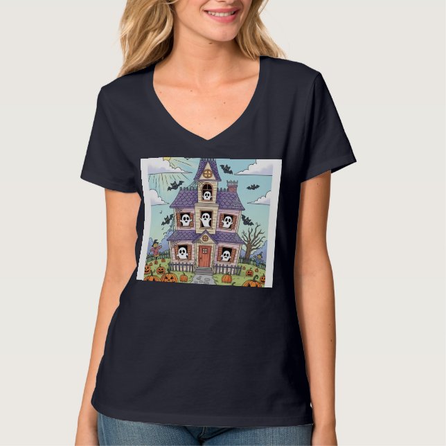 Cute Haunted House with Smiling Ghosts T-Shirt (Front)
