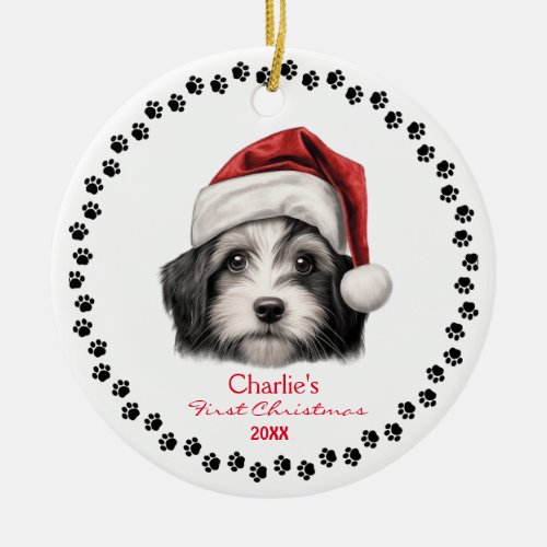 Cute Havanese Dog Santa Hat Paw 1st Christmas Ceramic Ornament