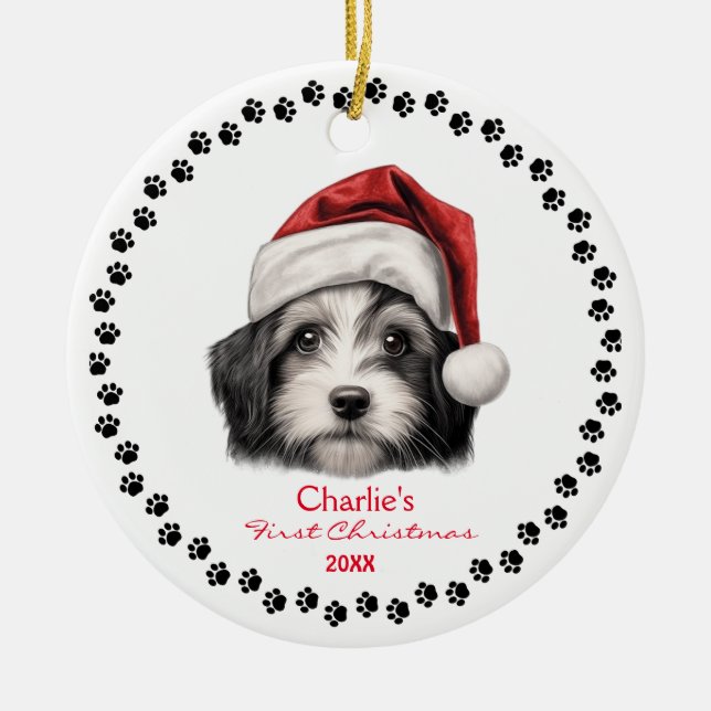 Cute Havanese Dog Santa Hat Paw 1st Christmas Ceramic Ornament (Front)