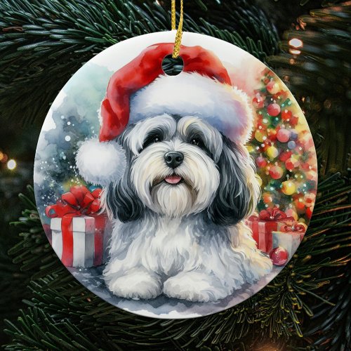 Cute Havanese Dog Watercolor Christmas Ceramic Ornament