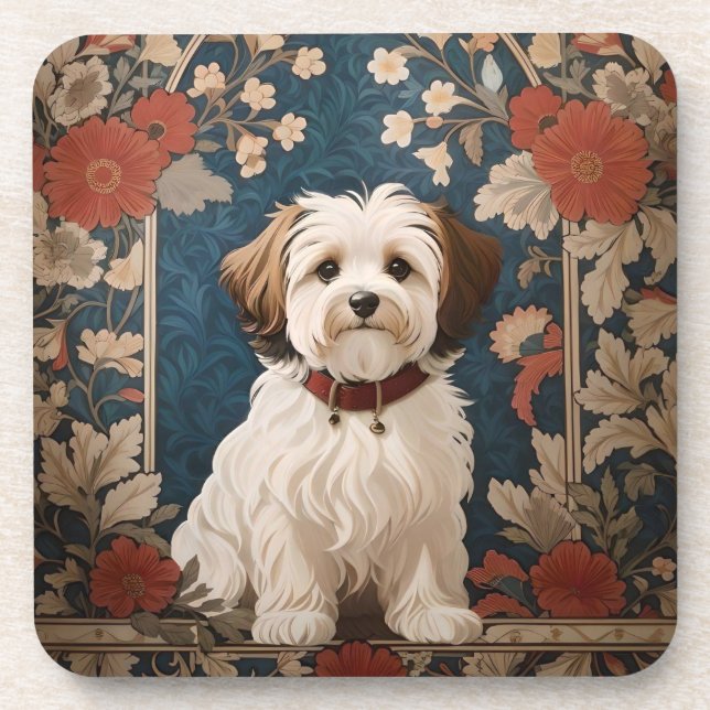 Cute Havanese Dog William Morris Floral Beverage Coaster (Front)