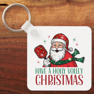 Cute Have A Holly Volley Christmas Pickleball Pun Keychain