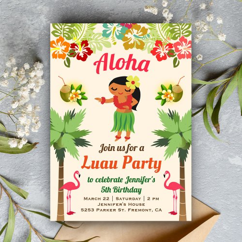 Cute Hawaiian Hula Girl Luau Birthday Party Invite