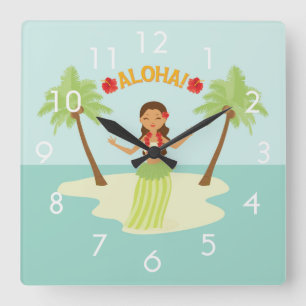 Cute Hawaiian Hula Girl Luau Clock w/ Numbers