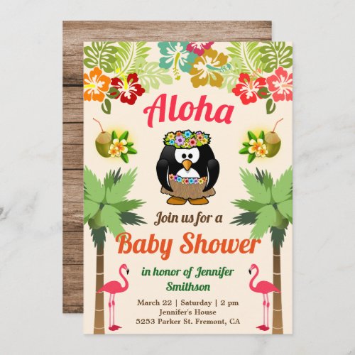 Cute Hawaiian Penguin Luau Baby Shower Invitation