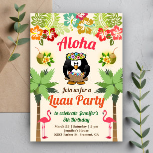 Cute Hawaiian Penguin   Luau Birthday Party Invite