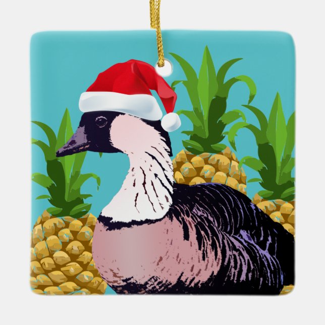 Cute Hawaiian Santa Nene Mele Kalikimaka Aqua Ceramic Ornament (Front)