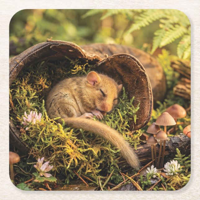 Cute Hazel Dormouse Sleeping Inside a Leather Boot Square Paper Coaster (Front)