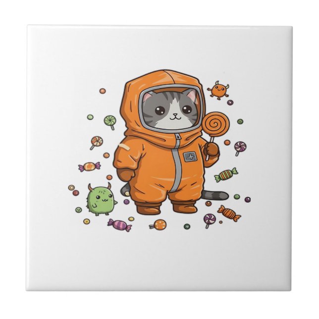 Cute Hazmat Cat Halloween Candy Monster Fun Oversi Ceramic Tile (Front)
