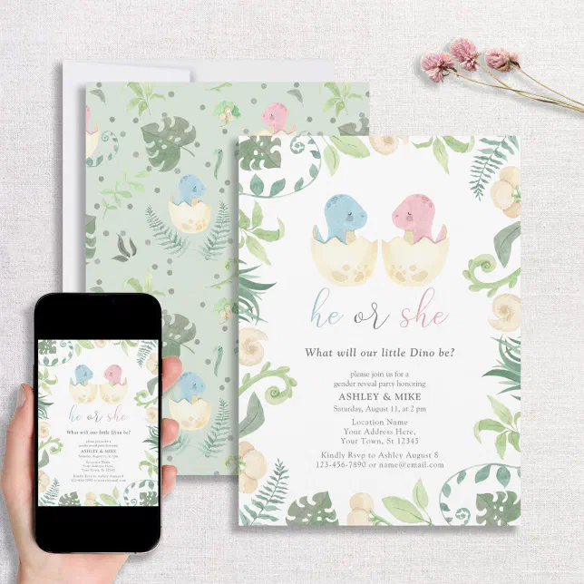 Cute He or She Dinosaur Gender Reveal Jungle Invitation Zazzle