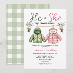 Cute He or she Winter Clothes Gender Reveal Floral Invitation