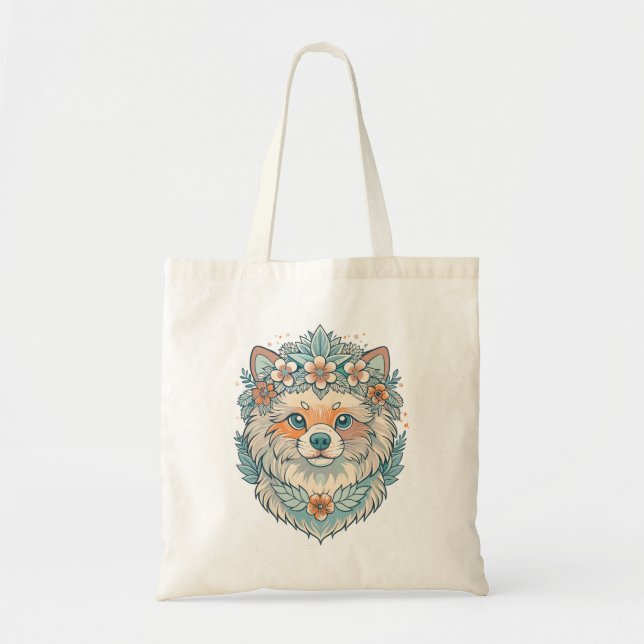 cute-head--Pomeranian-with-flowers-on-head Tote Bag (Front)