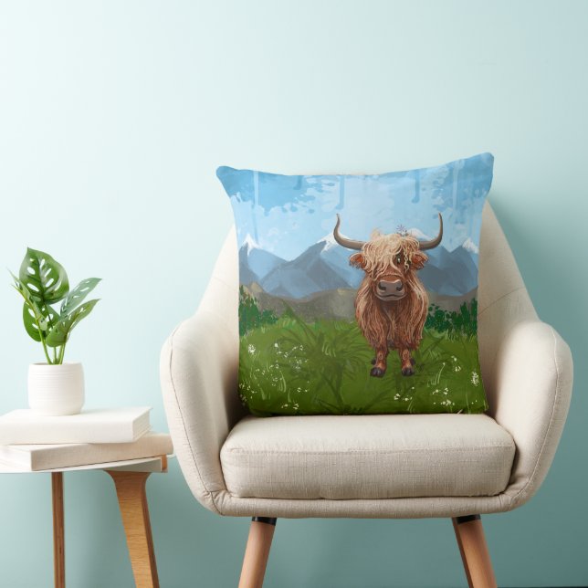 Cute Heads and Tails Highland Cow Throw Pillow (Chair)