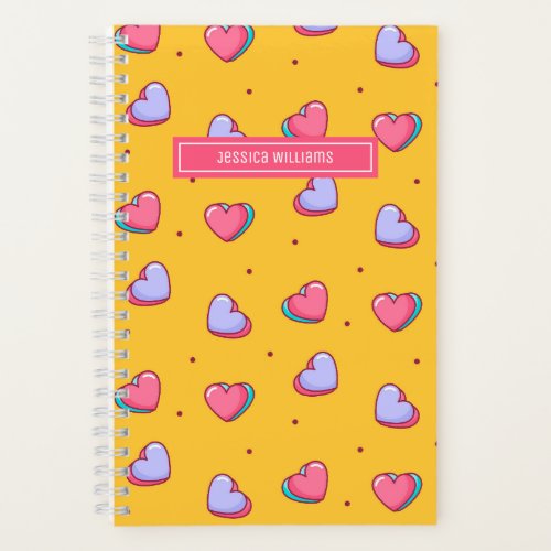 Cute Heart and Polka Dot Pattern Retro Yellow Notebook