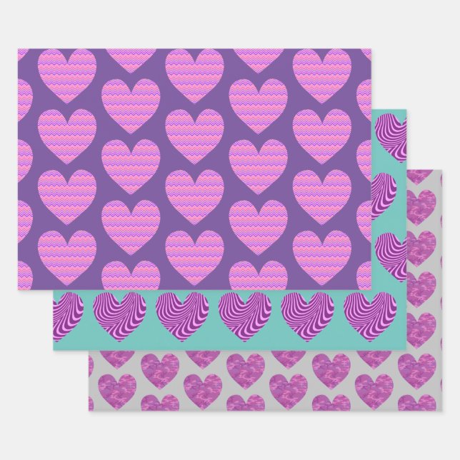Cute Heart Art Purple and Pinks Love  Wrapping Paper Sheets (Set)