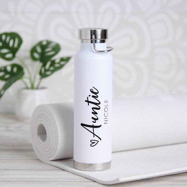 Cute Heart Auntie Personalized Black White Water Bottle (Yoga)