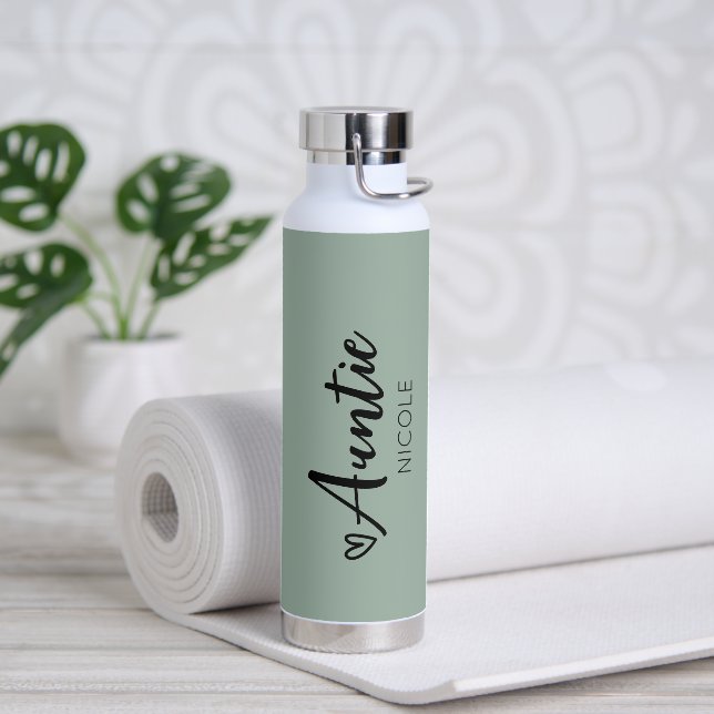 Cute Heart Auntie Personalized Sage Green Water Bottle (Yoga)