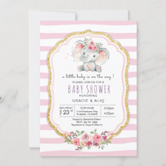Cute Heart Baby Elephant Girl baby shower Invitation