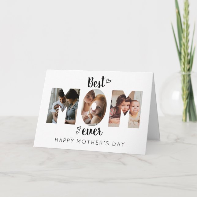 Cute Heart Best Mom Ever 3 Photo Collage Holiday Card (Front)