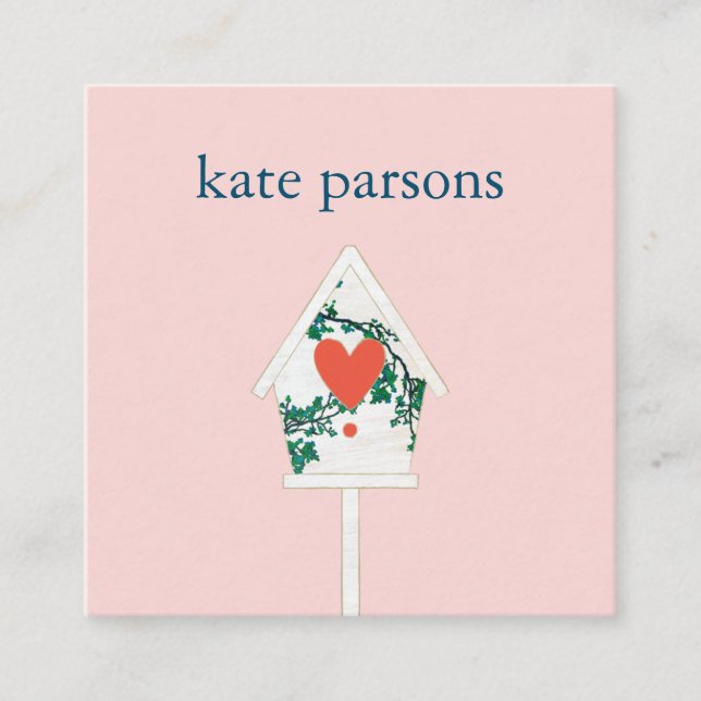Cute Heart Birdhouse Square Business Card (Front)