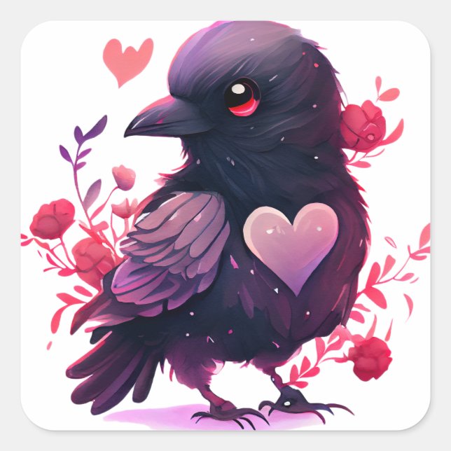 Cute Heart Black Bird Valentine Square Sticker (Front)