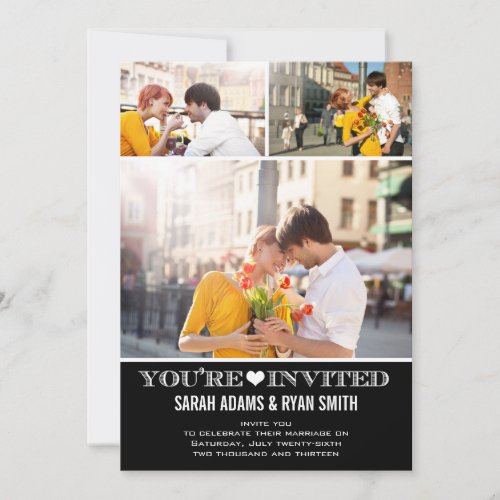 Cute Heart Black Wedding Three Photo Invitation