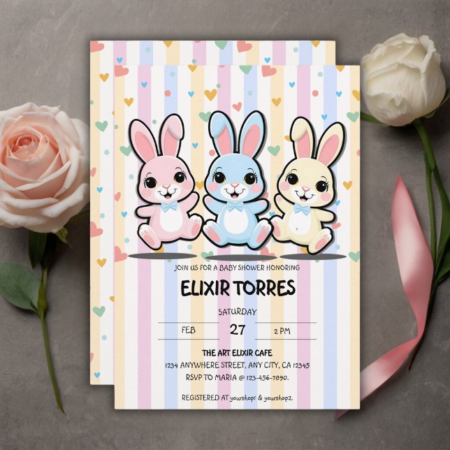 Cute Heart Bunny Hoppers Baby Shower Invitation (Creator Uploaded)
