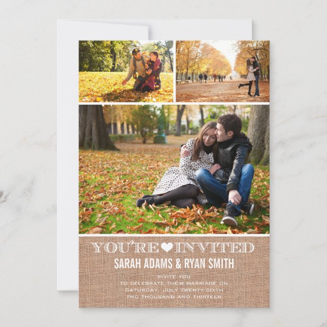 Cute Heart Burlap Wedding Three Photo Invitation (Front)