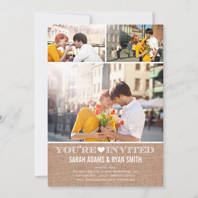Cute Heart Burlap Wedding Three Photo Invitation (Front)