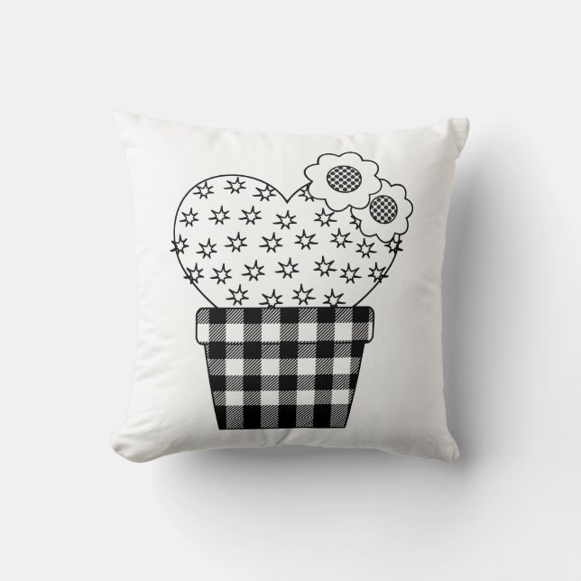 Cute Heart Cactus Plaid Plant Pot Throw Pillow (Front)