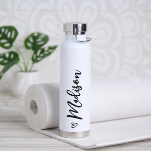 Cute Heart Calligraphy Personalized Black White Water Bottle
