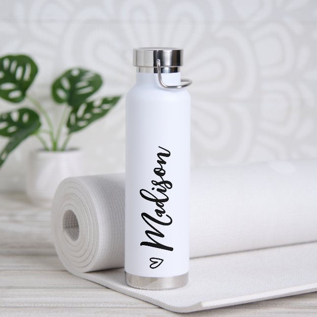 Cute Heart Calligraphy Personalized Black White Water Bottle (Yoga)