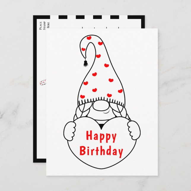 Cute Heart Cartoon Red Black Garden Gnome Birthday Postcard (Front/Back)