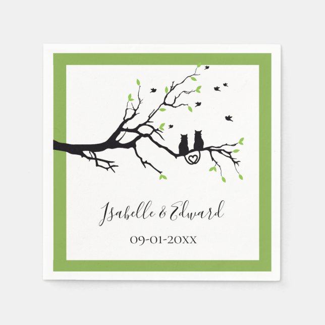 Cute Heart "Cats In Love"  In Tree Green Wedding Napkins (Front)