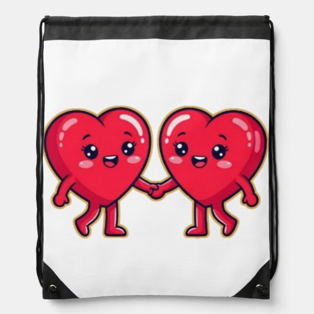 Cute Heart Characters Holding Hands Drawstring Bag (Front)