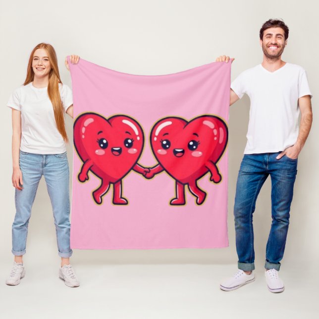 Cute Heart Characters Holding Hands Fleece Blanket (In Situ)