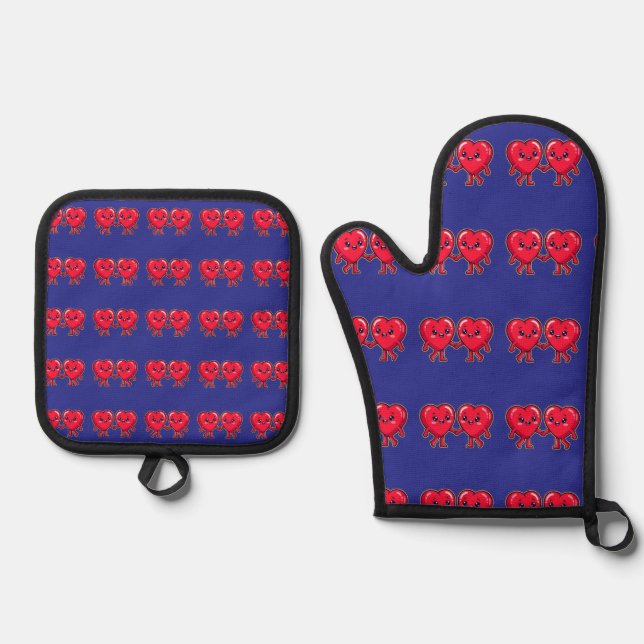 Cute Heart Characters Holding Hands Oven Mitt & Pot Holder Set (Front)