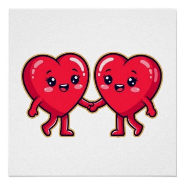 Cute Heart Characters Holding Hands Poster (Front)