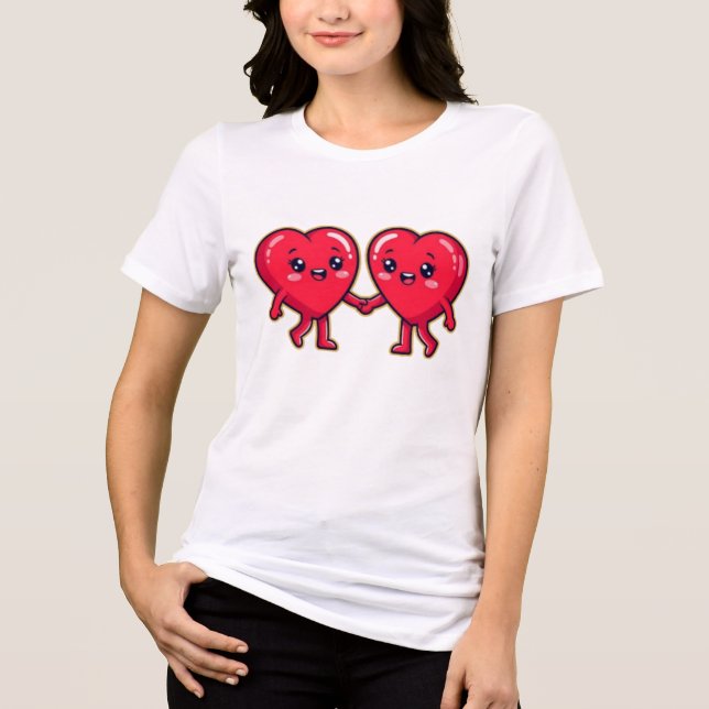 Cute Heart Characters Holding Hands Tri-Blend Shirt (Front)